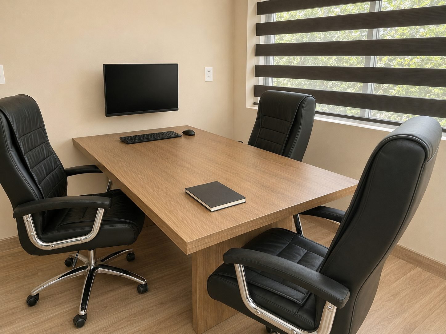Sala de reunião com mesa para seis pessoas
