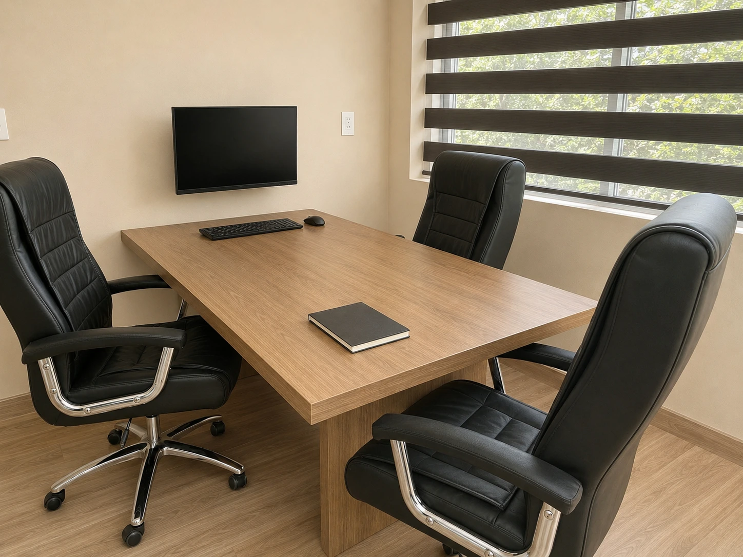 Sala de reunião do escritório, com mesa de madeira e cadeiras pretas